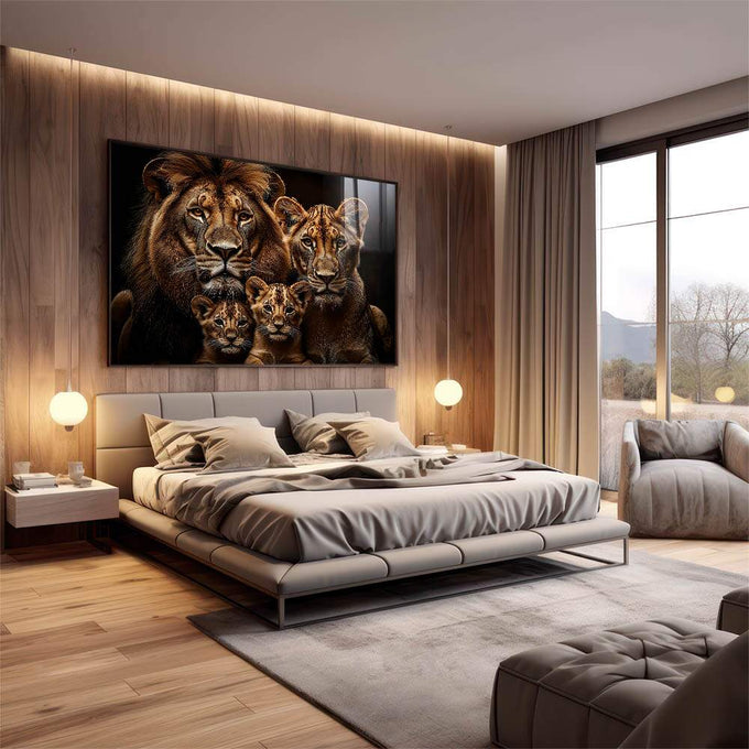 Quadro Decorativo Magnífica Família de Leões - quadros decorativos para sala 1 Tela, 1 Tela Horizontal - em quarto contemporaneo