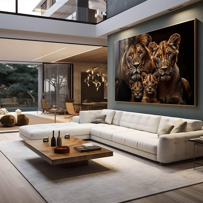 Quadro Decorativo Magnífica Família de Leões - quadros decorativos 1 Tela, 1 Tela Horizontal - em escritorio elegante