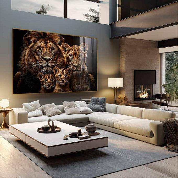 Quadro Decorativo Magnífica Família de Leões - quadros decorativos para sala 1 Tela, 1 Tela Horizontal - em living room premium