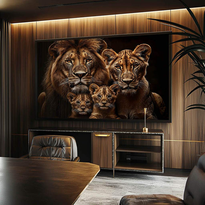 Quadro Decorativo Magnífica Família de Leões - quadros decorativos para sala 1 Tela, 1 Tela Horizontal - em ambiente decorado