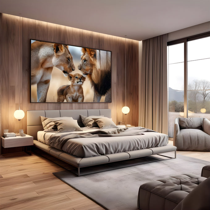 Leão e leoa frente a frente com filhote entre eles em tons dourados, quadro decorativo