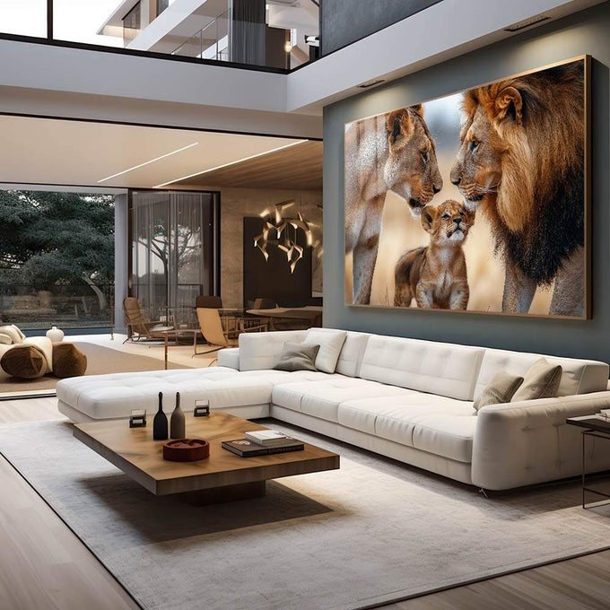 Quadro Decorativo A Simplicidade da Família de Leões Amor e União - quadros decorativos 1 Tela, 1 Tela Horizontal - em escritorio elegante