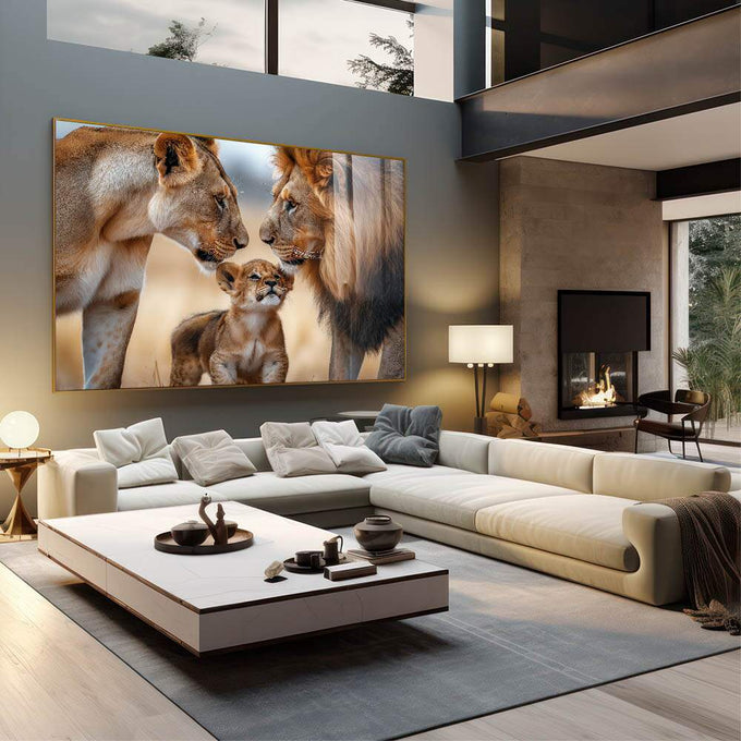 Quadro Decorativo A Simplicidade da Família de Leões Amor e União - quadros decorativos para sala 1 Tela, 1 Tela Horizontal - em living room premium