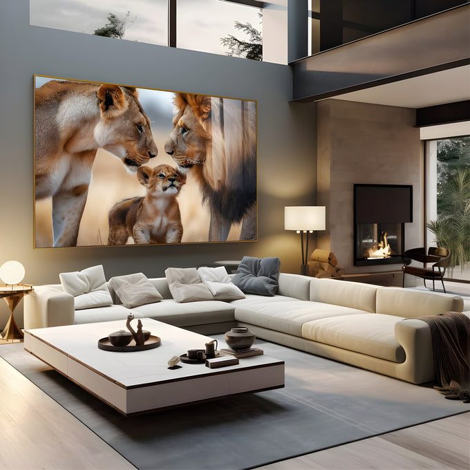 Leão e leoa frente a frente com filhote entre eles em tons dourados, quadro decorativo