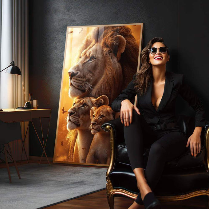 Quadro Decorativo Leões Profundidade da Família - quadros decorativos 1 Tela Vertical, 3 Telas - em sala moderna