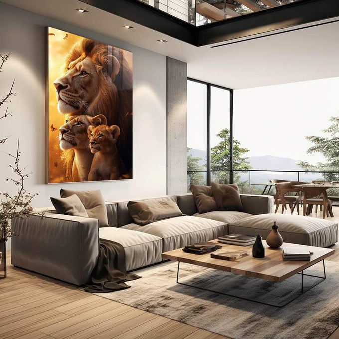Quadro Decorativo Leões Profundidade da Família - quadros decorativos para sala 1 Tela Vertical, 3 Telas - em living room premium