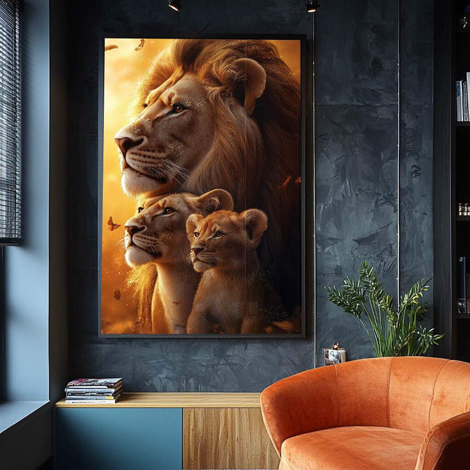 Quadro Decorativo Leões Profundidade da Família - quadros decorativos para sala 1 Tela Vertical, 3 Telas - em ambiente decorado