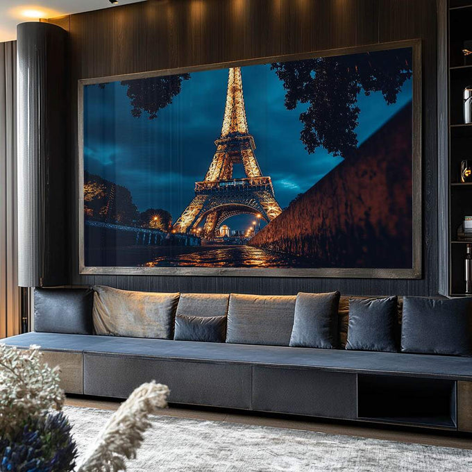 Quadro Decorativo Magnífico da Torre Eiffel Arte Elegante - quadros decorativos para sala 1 Tela, 1 Tela Horizontal - em ambiente decorado