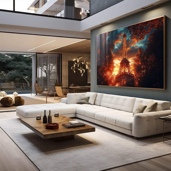 Quadro Decorativo Torre Eiffel ao Amanhecer - quadros decorativos 1 Tela, 1 Tela Horizontal - em sala moderna