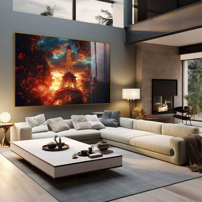 Quadro Decorativo Torre Eiffel ao Amanhecer - quadros decorativos para sala 1 Tela, 1 Tela Horizontal - em living room premium