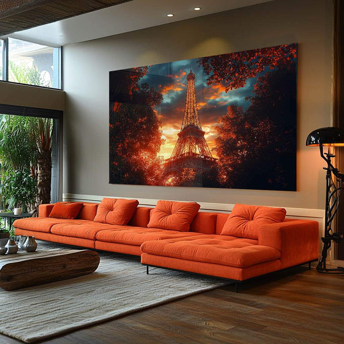 Quadro Decorativo Torre Eiffel ao Amanhecer - quadros decorativos para sala 1 Tela, 1 Tela Horizontal - em ambiente decorado