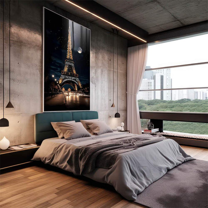 Quadro Decorativo A Encantadora Torre Eiffel sob o Brilho da Noite - quadros decorativos para sala 1 Tela Vertical, 3 Telas - em quarto contemporaneo