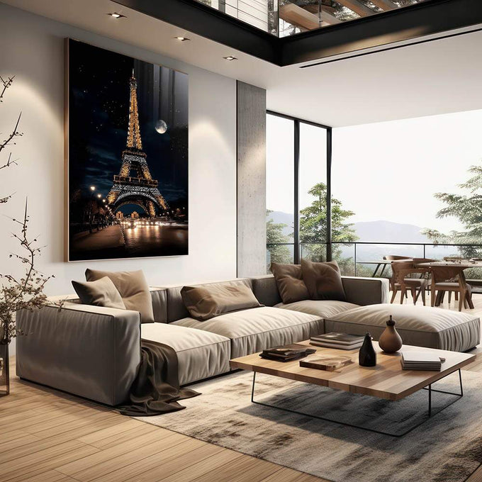 Quadro Decorativo A Encantadora Torre Eiffel sob o Brilho da Noite - quadros decorativos 1 Tela Vertical, 3 Telas - em escritorio elegante