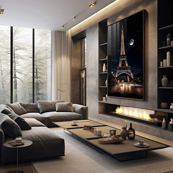 Quadro Decorativo A Encantadora Torre Eiffel sob o Brilho da Noite - quadros decorativos para sala 1 Tela Vertical, 3 Telas - em living room premium