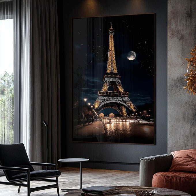 Quadro Decorativo A Encantadora Torre Eiffel sob o Brilho da Noite - quadros decorativos para sala 1 Tela Vertical, 3 Telas - em ambiente decorado