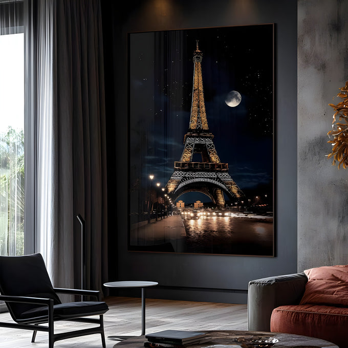 Torre Eiffel iluminada em dourado sob lua cheia e céu estrelado em Paris à noite, quadro decorativo