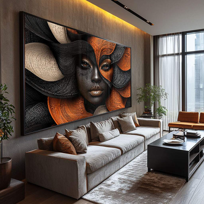 Quadro Decorativo Mulher Arte Inspiradora sobre Tons Escuros - quadros decorativos para sala 1 Tela, 1 Tela Horizontal - em ambiente decorado