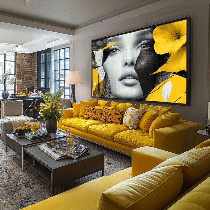 Quadro Decorativo Mulher sobre tons Amarelados - quadros decorativos para sala 1 Tela, 1 Tela Horizontal - em ambiente decorado