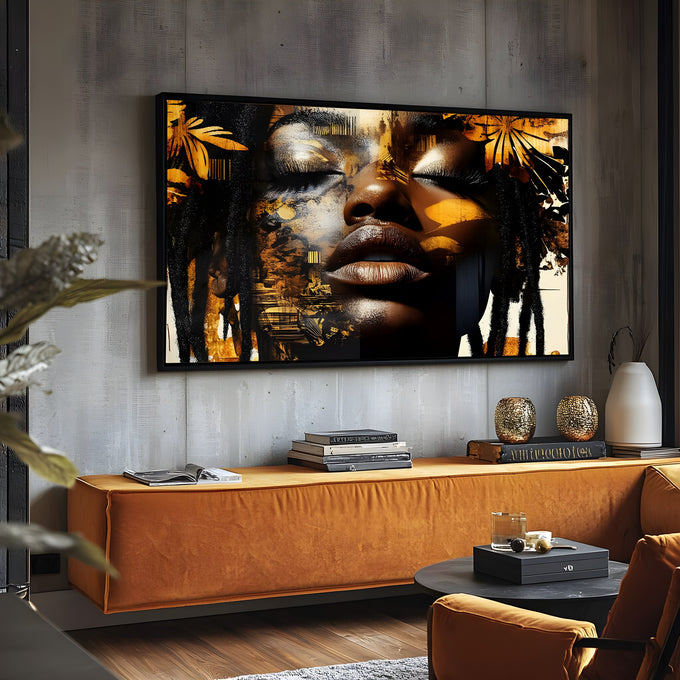 Rosto de mulher negra de olhos fechados com tranças e folhas douradas, quadro decorativo