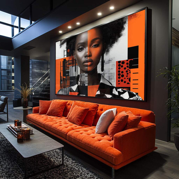 Quadro Decorativo Mulher Abstrato Laranja - quadros decorativos para sala 1 Tela, 1 Tela Horizontal - em ambiente decorado