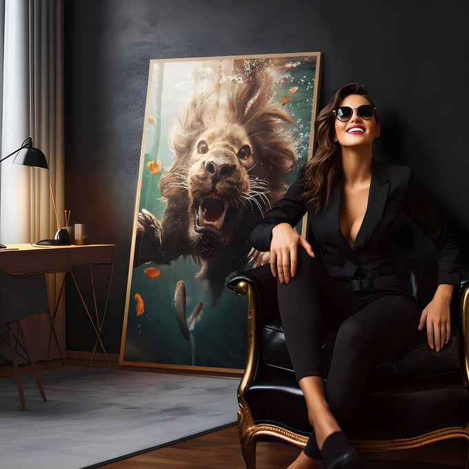 Leão de juba volumosa nadando de boca aberta entre peixes em água verde-azulada, quadro decorativo