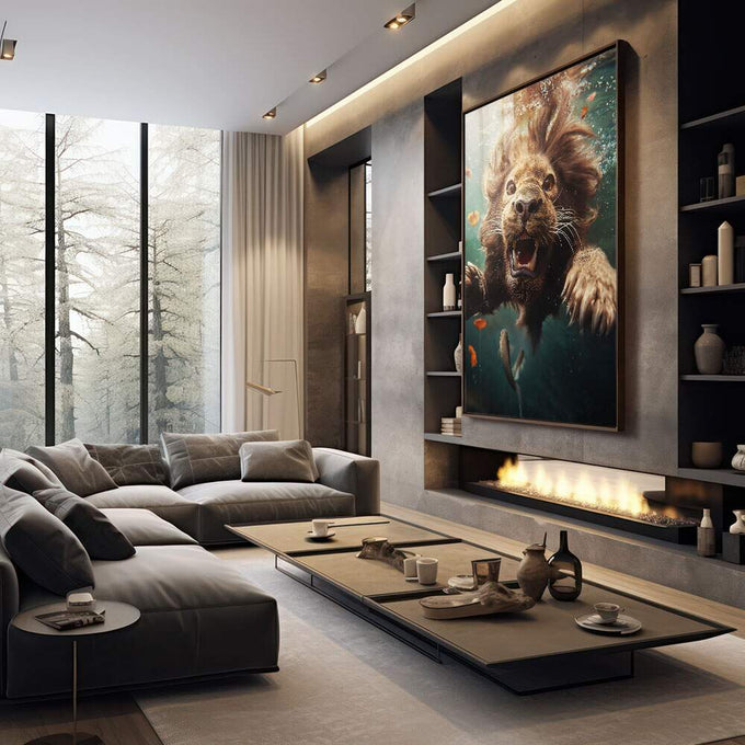Quadro Decorativo Leão Submerso - quadros decorativos para sala 1 Tela Vertical, 3 Telas - em quarto contemporaneo