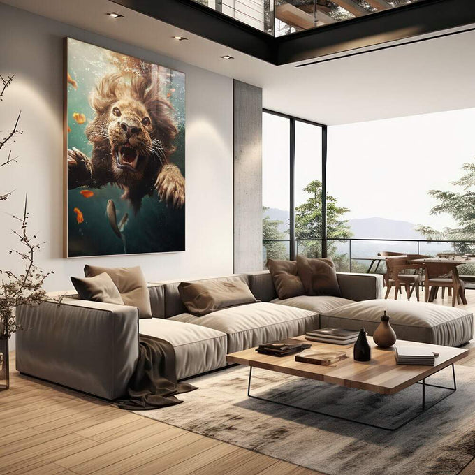 Quadro Decorativo Leão Submerso - quadros decorativos 1 Tela Vertical, 3 Telas - em escritorio elegante