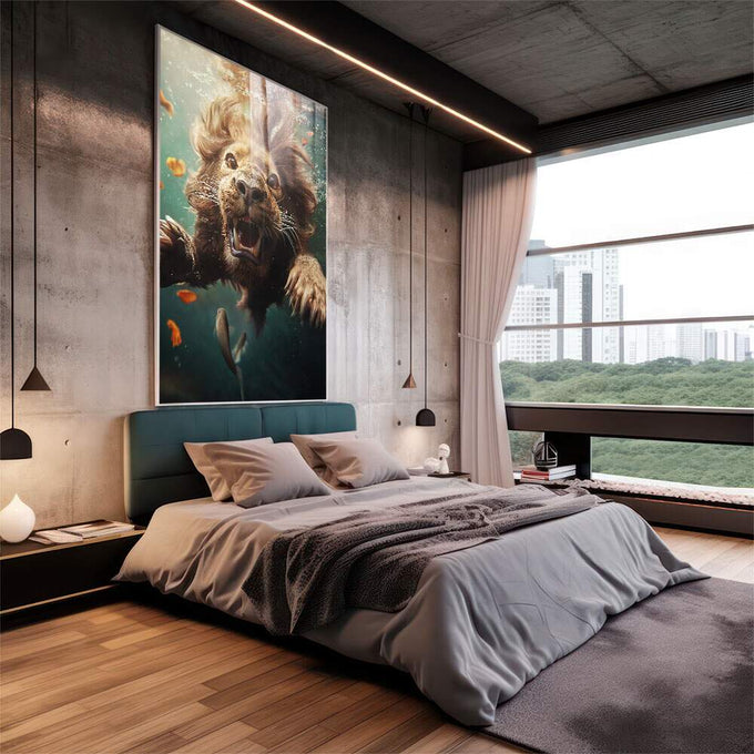 Quadro Decorativo Leão Submerso - quadros decorativos para sala 1 Tela Vertical, 3 Telas - em living room premium