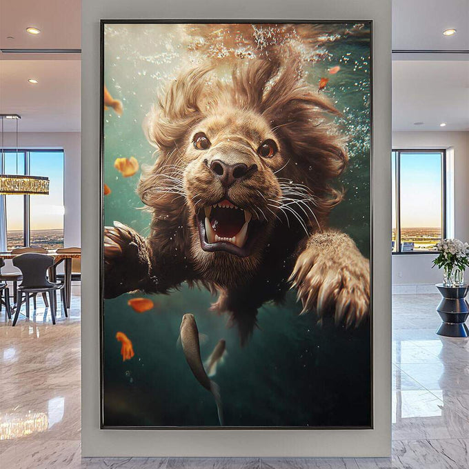 Quadro Decorativo Leão Submerso - quadros decorativos para sala 1 Tela Vertical, 3 Telas - em ambiente decorado