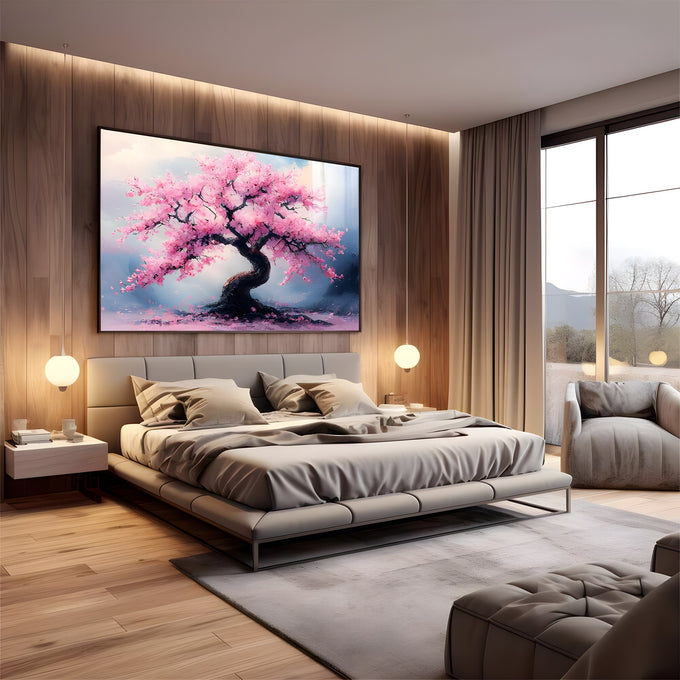 Cerejeira de tronco retorcido com flores rosa e pétalas caindo sobre fundo azul, quadro decorativo