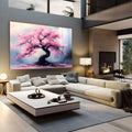 Cerejeira de tronco retorcido com flores rosa e pétalas caindo sobre fundo azul, quadro decorativo