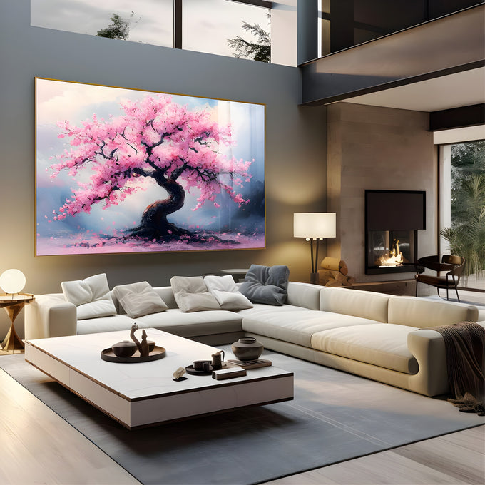 Cerejeira de tronco retorcido com flores rosa e pétalas caindo sobre fundo azul, quadro decorativo