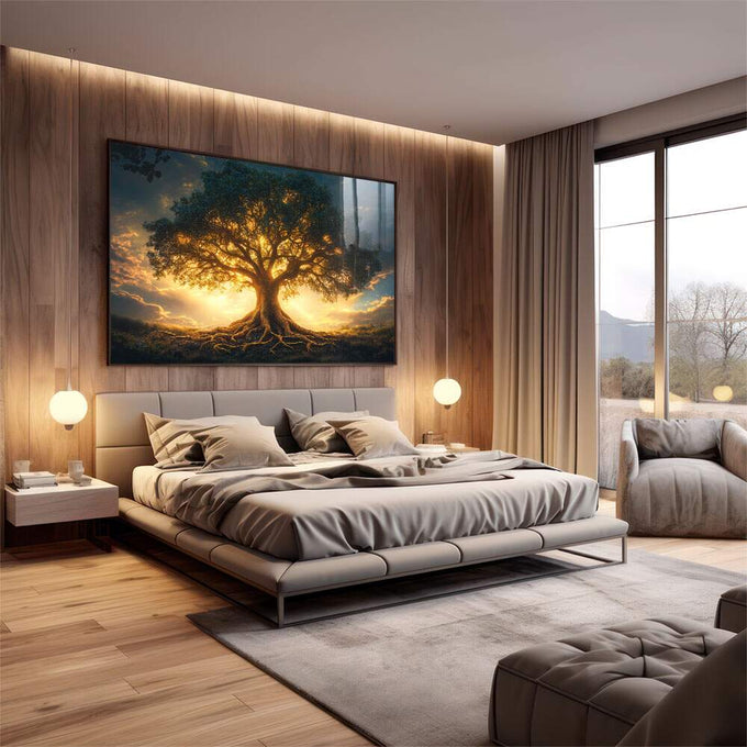 Quadro Decorativo Árvore da Vida sobre o Sol - Arte que Inspira - quadros decorativos 1 Tela, 1 Tela Horizontal - em sala moderna