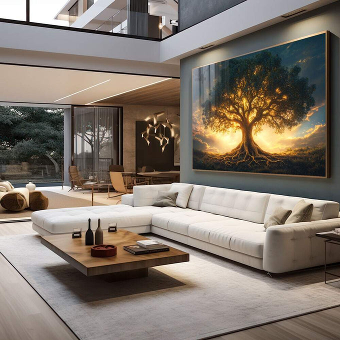 Quadro Decorativo Árvore da Vida sobre o Sol - Arte que Inspira - quadros decorativos para sala 1 Tela, 1 Tela Horizontal - em quarto contemporaneo