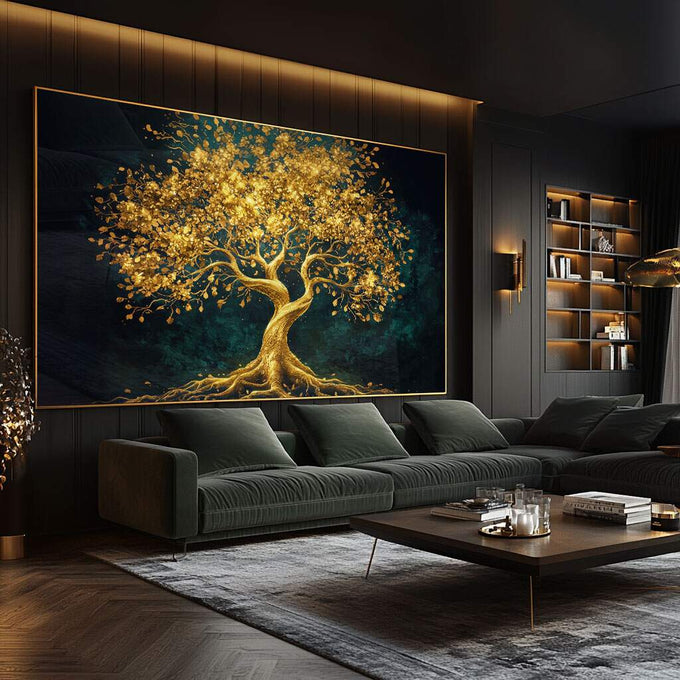 Quadro Decorativo Árvore da Vida Dourada - quadros decorativos para sala 1 Tela, 1 Tela Horizontal - em ambiente decorado