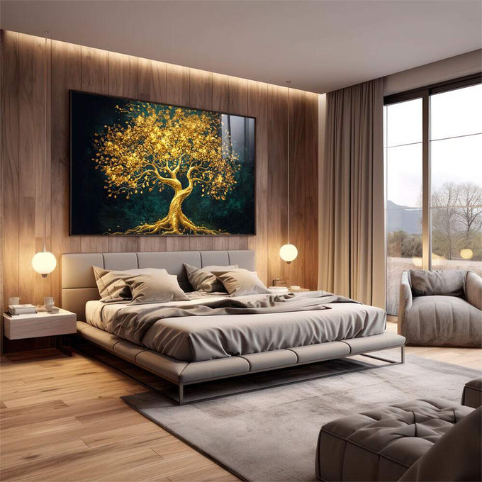 Quadro Decorativo Árvore da Vida Dourada - quadros decorativos 1 Tela, 1 Tela Horizontal - em escritorio elegante