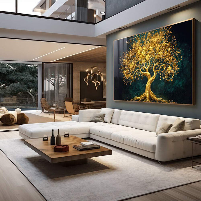 Quadro Decorativo Árvore da Vida Dourada - quadros decorativos para sala 1 Tela, 1 Tela Horizontal - em living room premium