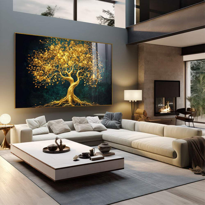 Quadro Decorativo Árvore da Vida Dourada - quadros decorativos 1 Tela, 1 Tela Horizontal - em sala moderna