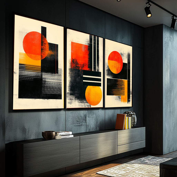 Quadro Decorativo Abstrato Oásis Alaranjado - quadros decorativos para sala 1 Tela Vertical, 3 Telas - em ambiente decorado
