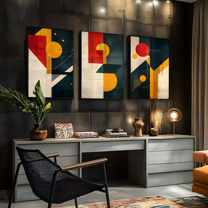Trio de telas abstratas geométricas estilo Bauhaus com círculos vermelhos e amarelos, quadro decorativo