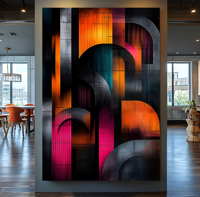 Arcos e faixas geométricas em laranja, rosa, azul-petróleo e cinza sobre fundo preto, quadro decorativo
