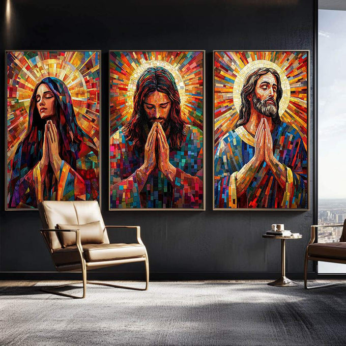 Quadro Decorativo Abstrato de Jesus, Maria e José - quadros decorativos para sala 1 Tela Vertical, 3 Telas - em ambiente decorado