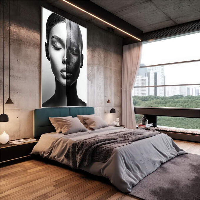 Quadro Decorativo Minimalista Feminino em Preto e Branco - quadros decorativos 1 Tela Vertical, 3 Telas - em sala moderna