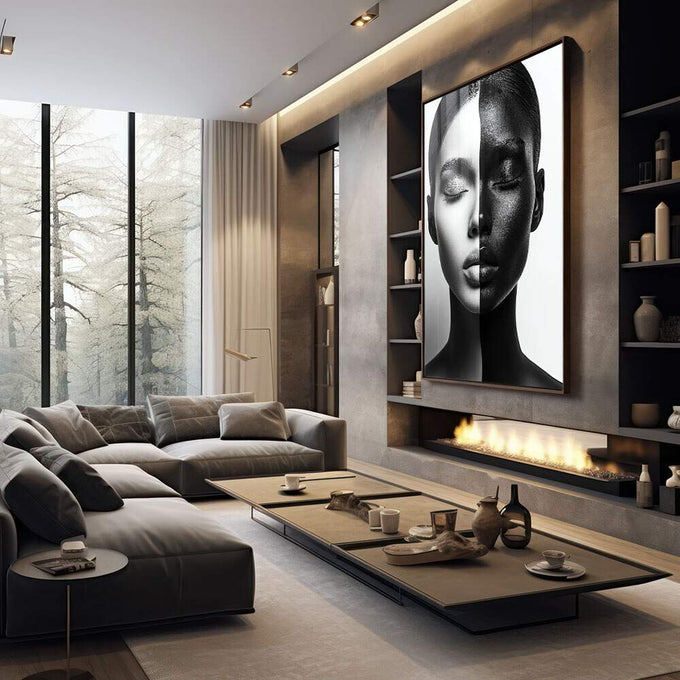 Quadro Decorativo Minimalista Feminino em Preto e Branco - quadros decorativos 1 Tela Vertical, 3 Telas - em escritorio elegante