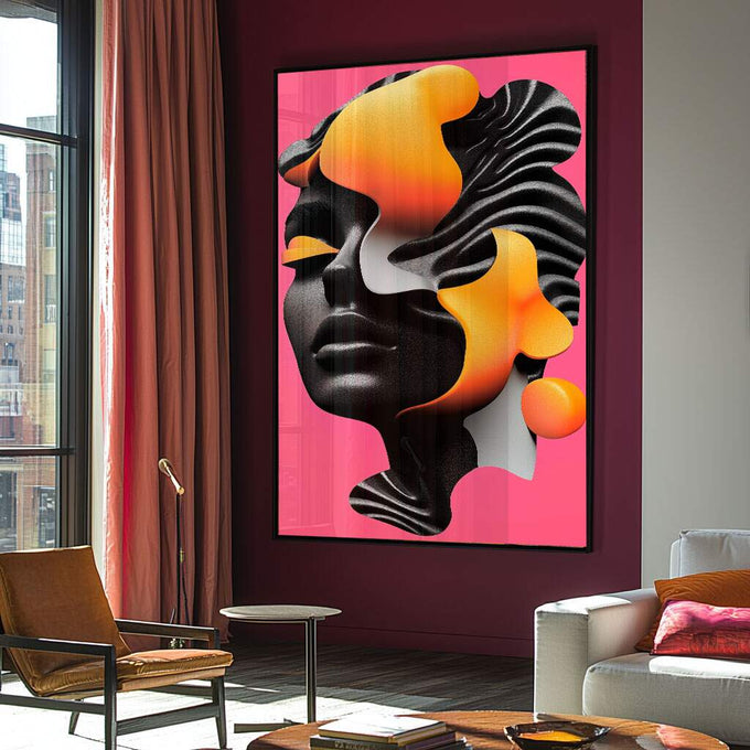 Quadro Decorativo Colorido Mulher Abstrato - quadros decorativos para sala 1 Tela Vertical, 3 Telas - em ambiente decorado