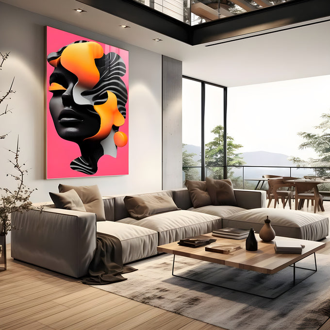 Rosto feminino escultural preto de olhos fechados com formas laranja e fundo rosa, quadro decorativo