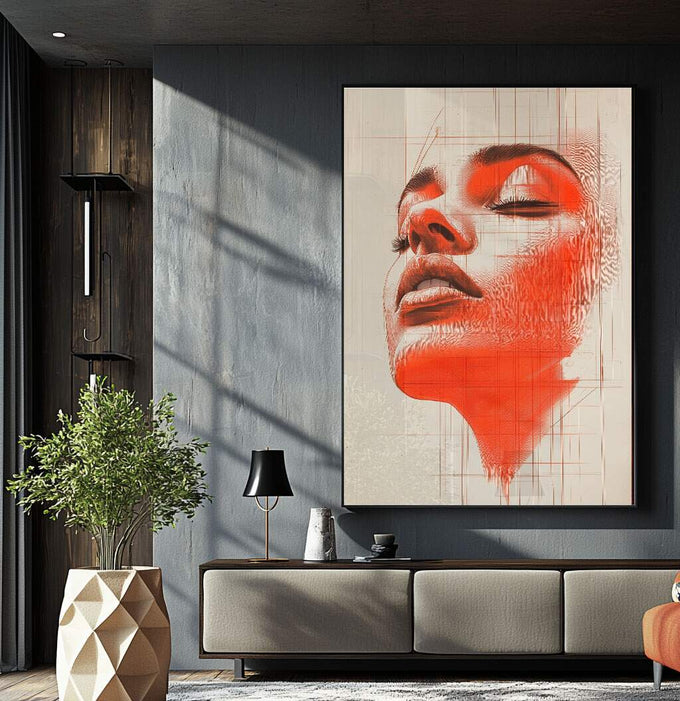 Quadro Decorativo Artístico da Mulher Alaranjada - quadros decorativos para sala 1 Tela Vertical, 3 Telas - em ambiente decorado