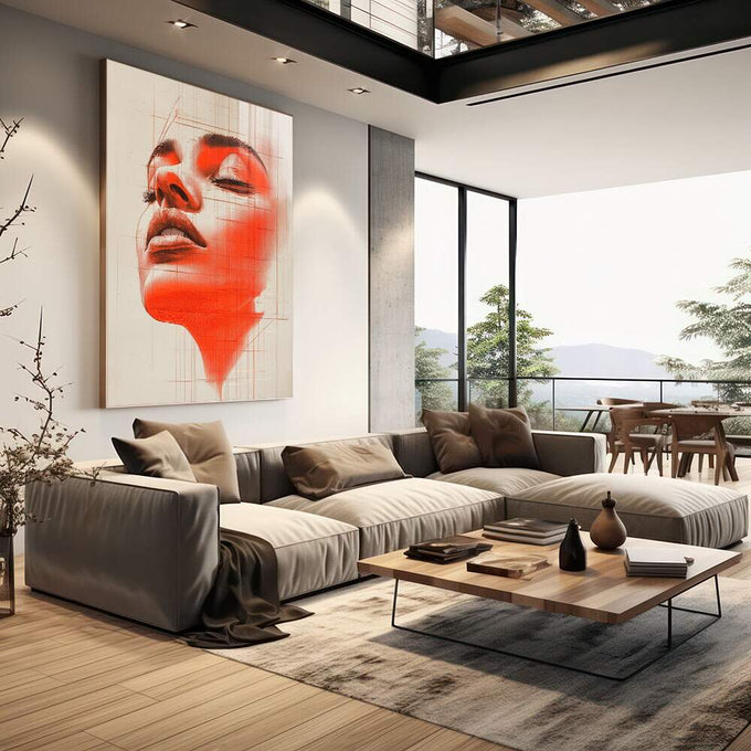 Quadro Decorativo Artístico da Mulher Alaranjada - quadros decorativos 1 Tela Vertical, 3 Telas - em sala moderna