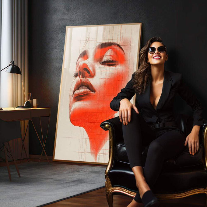 Quadro Decorativo Artístico da Mulher Alaranjada - quadros decorativos 1 Tela Vertical, 3 Telas - em escritorio elegante