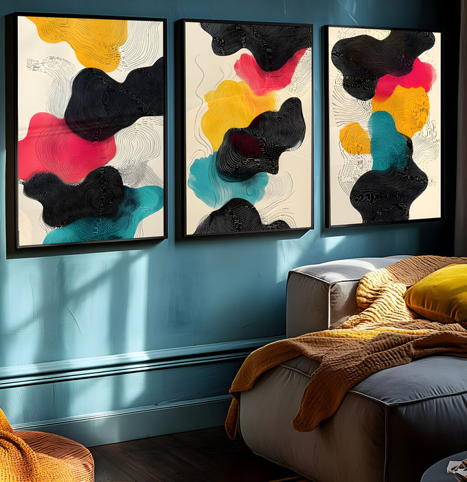 Trio de telas abstratas com manchas orgânicas pretas, amarelas, rosa e azuis, quadro decorativo